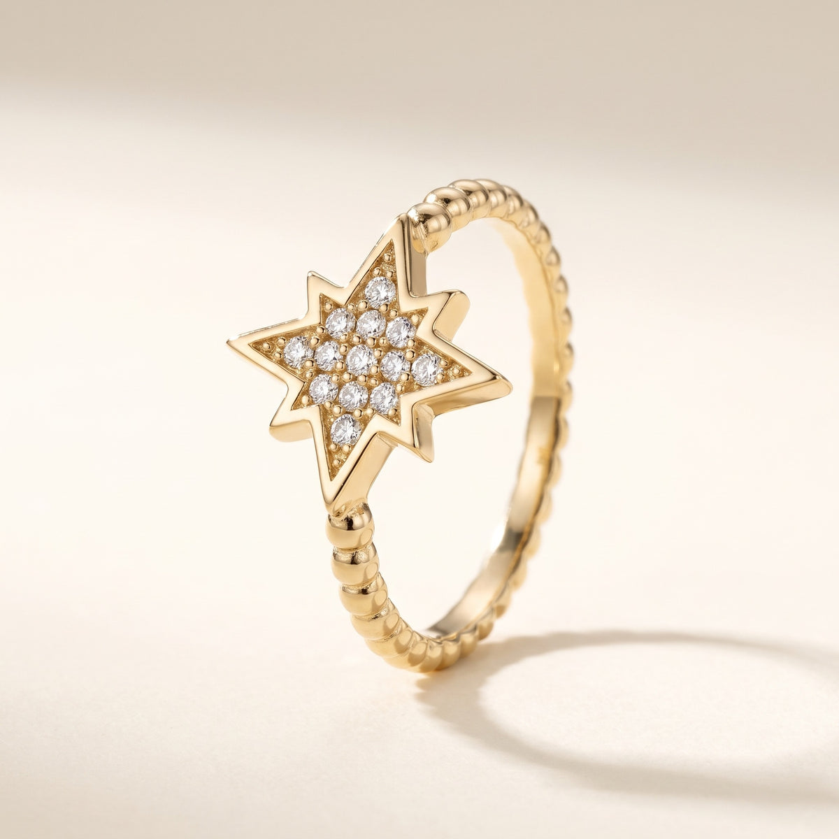 Kutup Yıldızı Motifli Zirkon Taşlı Boncuk Altın Yüzük
